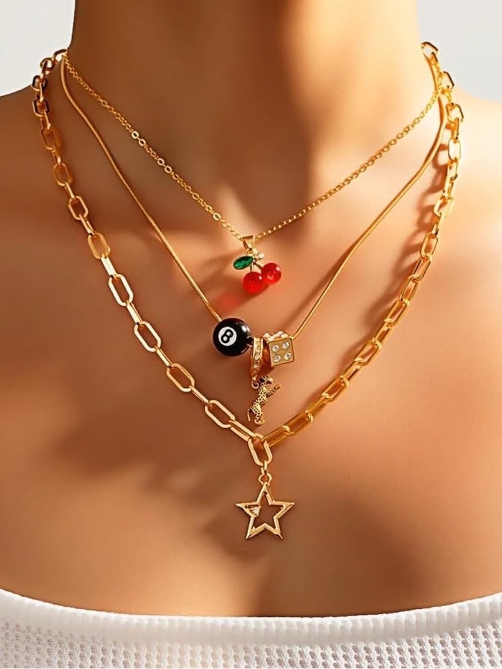 Anthropologie Gold Tone Charm Necklace Set with Red Cherry and Black 8-Ball - Picture 5 of 5